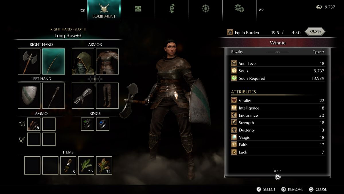 En menyskärm som visar spelarens karaktär i Demon's Souls (PS5)
