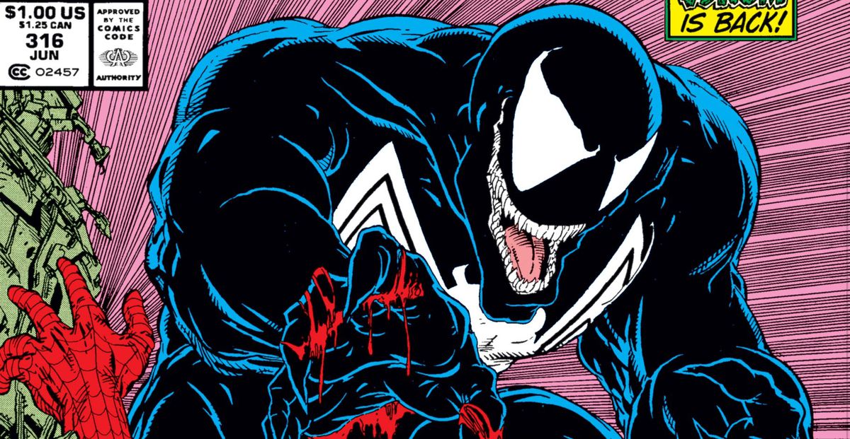 Venom snarkar, med blod som droppar av hans klor, på omslaget till Amazing Spider-Man # 316, Marvel Comics (1989).