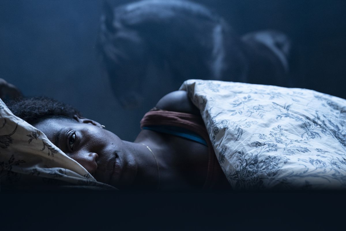 En svart kvinna ligger i sängen vaken medan en häst tränger sig bakom henne i Kindred
