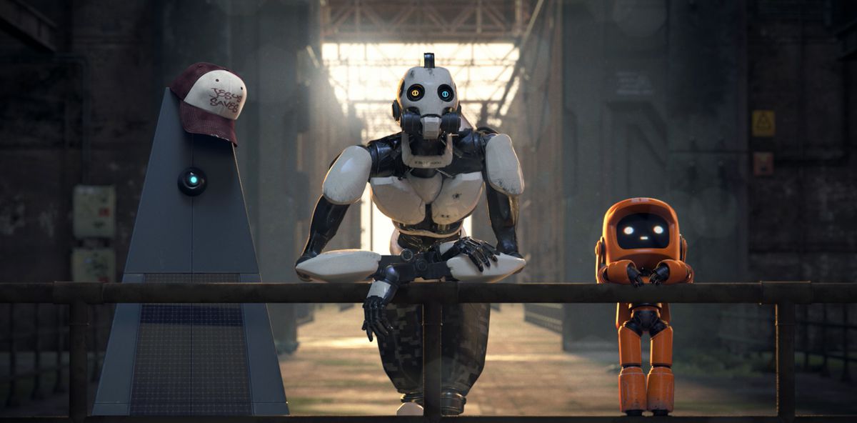 Tre robotar lutar sig spekulativt mot ett räcke i Love, Death + Robots-avsnittet 