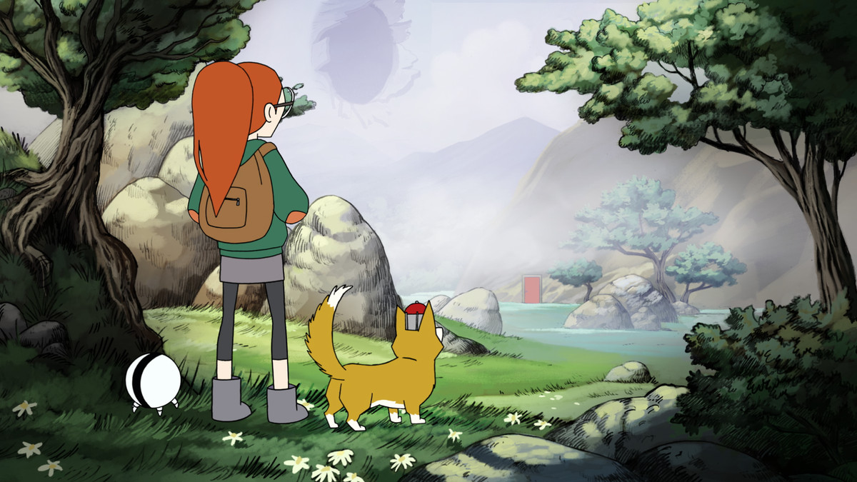 En ung flicka och en hund tittar in i fjärran, där naturen ligger i väntan, i Infinity Train