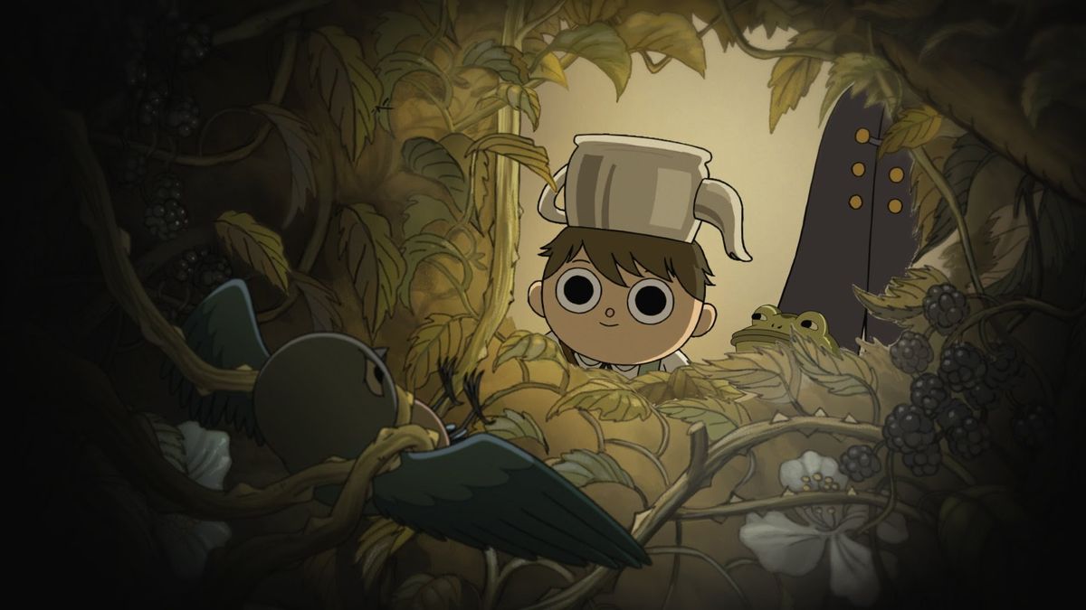 Greg i Over the Garden Wall tittar in i en mörk buske där en fågel är instängd