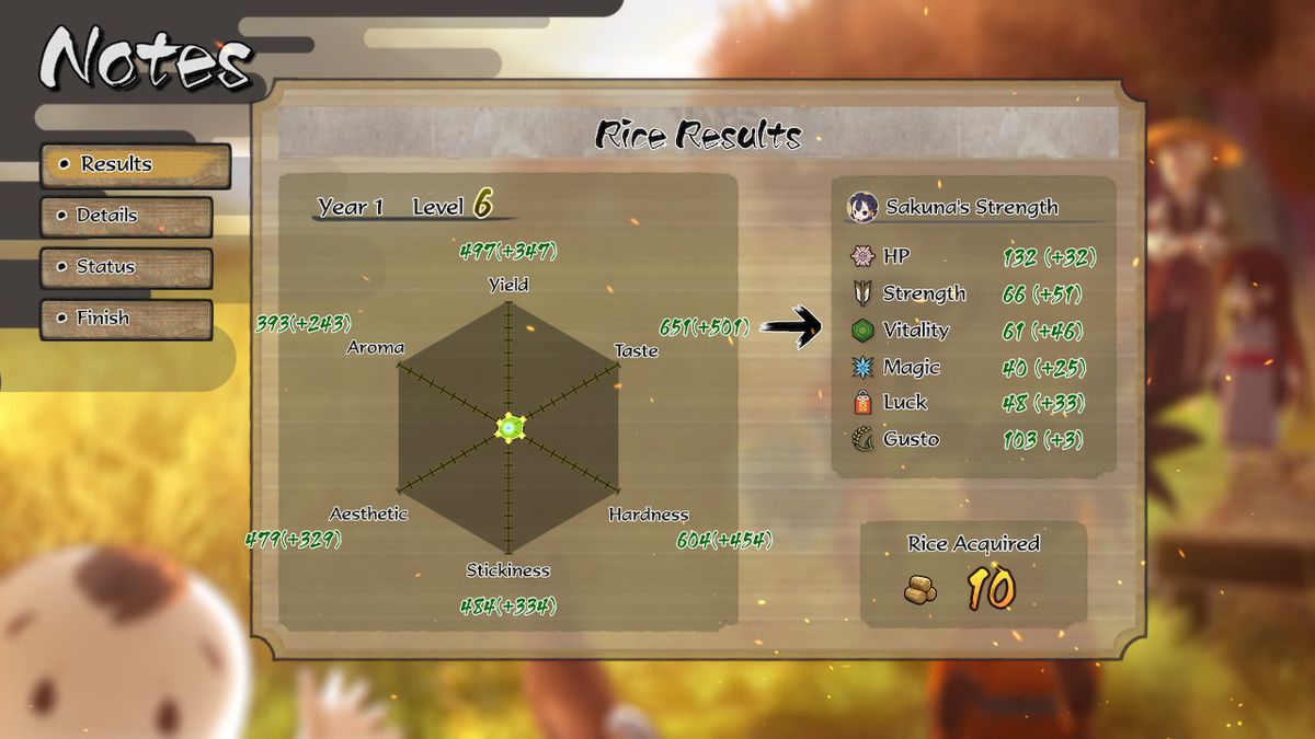 En av menyerna i Sakuna: Of Rice and Ruin visar en uppdelning av alla sätt ris kan växa på