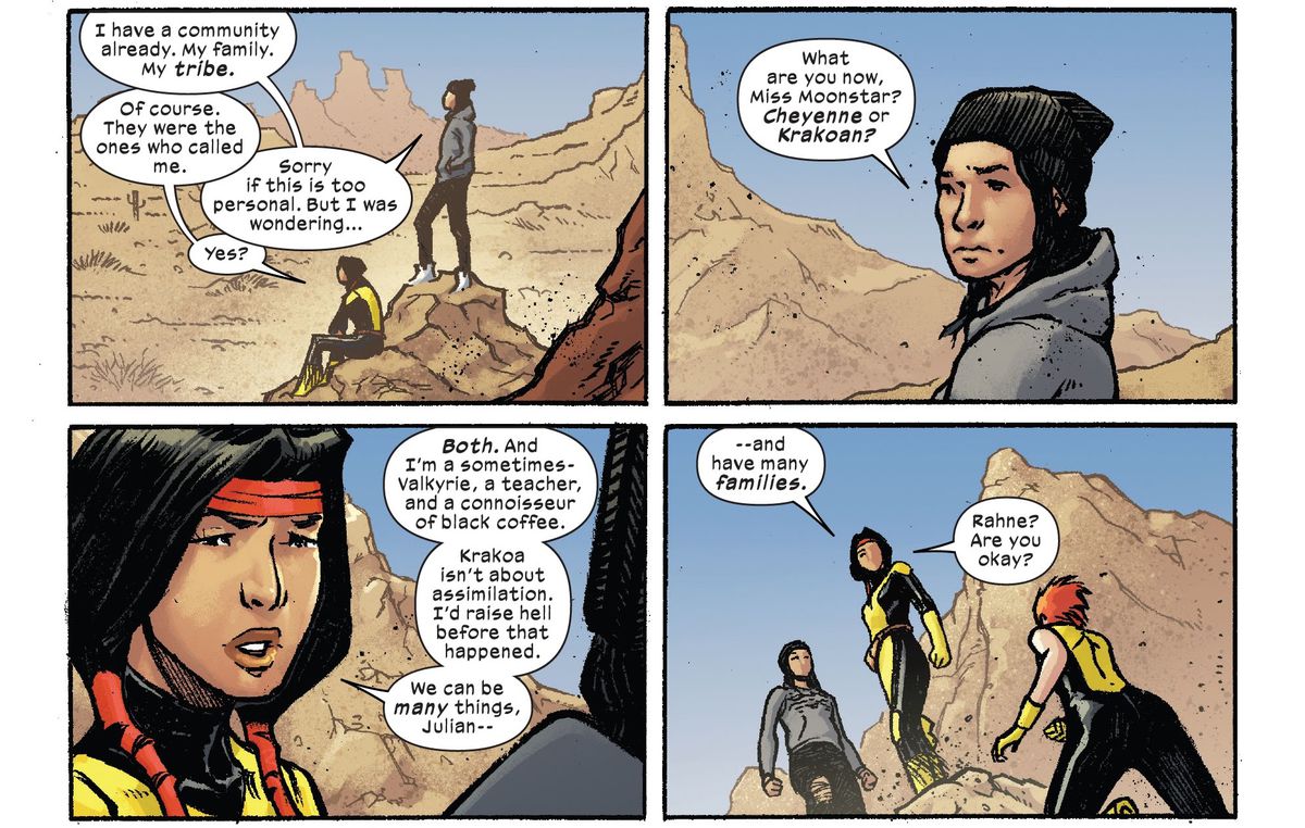 ”Krakoa handlar inte om assimilering.  Jag skulle höja helvetet innan det hände.  Vi kan vara många saker ... och ha många familjer, säger Dani Moonstar i Marvel Voices: Indigenous Voices # 1, Marvel Comics (2020). 