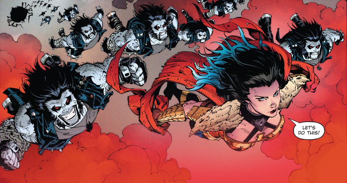 Wonder Woman hoppar ut ur en flytande fästning med en armé med dussintals Lobos i Dark Nights: Death Metal # 5, DC Comics (2020). 