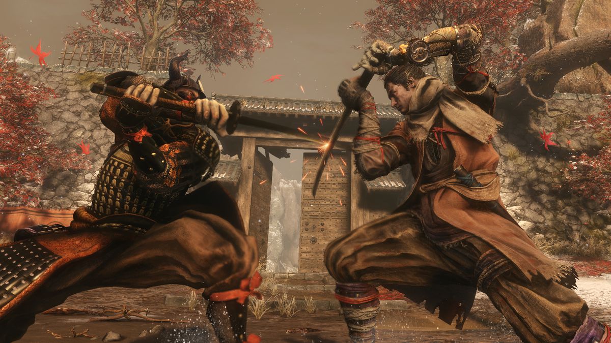 Sekiro kolliderar med en samurai i en skärmdump från Sekiro: Shadows Die Twice