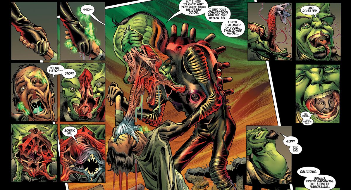 Ledaren förbrukar själen hos Bruce Banners döda far, hans ansikte delas upp för att avslöja och förlänga en fruktansvärd snabel med en lampliknande mun i slutet, innan han dras tillbaka i hans skalle så att han kan svälja, halsen sträcker sig grestesquely i Immortal Hulk # 39 , Marvel Comics (2020). 