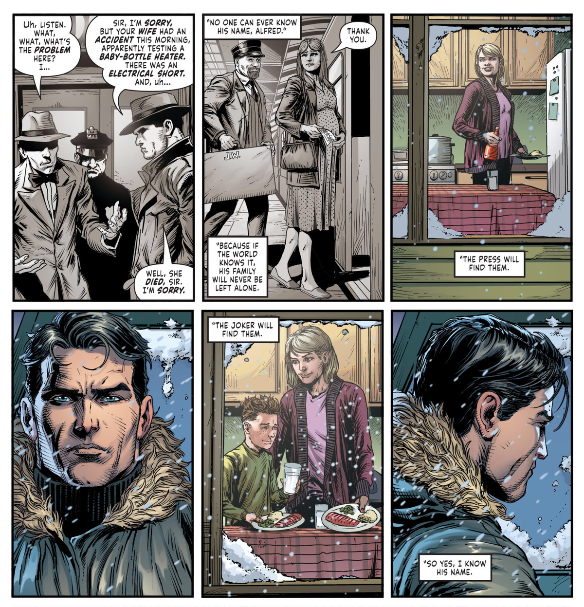 Tidigare hjälper poliser att förfalska Jokers frus död, medan Bruce Wayne i nuet tittar på henne och hennes son i nuet, i Three Jokers # 3, DC Comics (2020). 