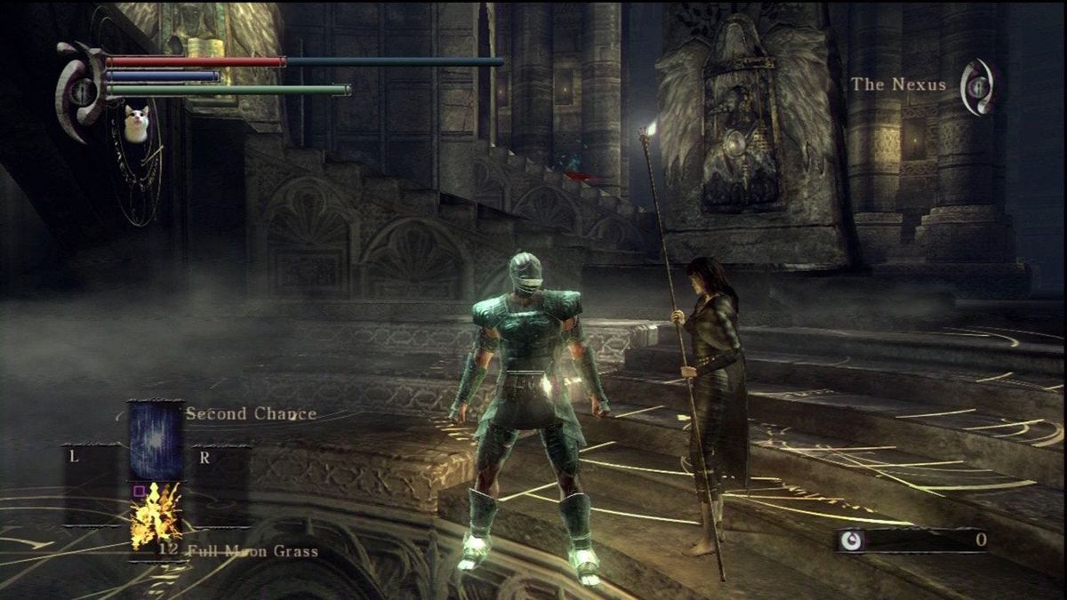 En skärmdump av original Demon's Souls, med spelaren i Nexus och Cat's Ring-ikonen.