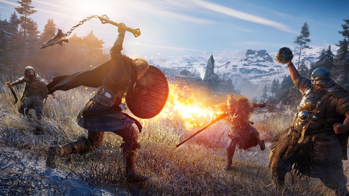 en kvinnlig Eivor svänger ett vapen medan han kämpar mot en grupp fiender i Assassin's Creed Valhalla