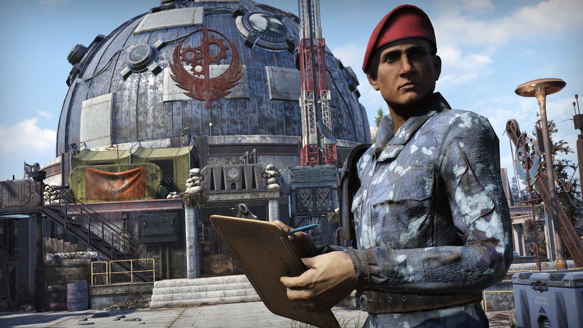 Fallout 76 - en Brotherhood-leverantör står utanför Fort Atlas