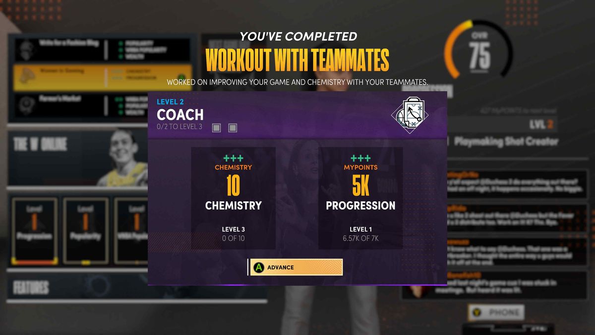 Skärm som visar en spelares val att träna med lagkamrater och tjäna en fast mängd karriär-XP.