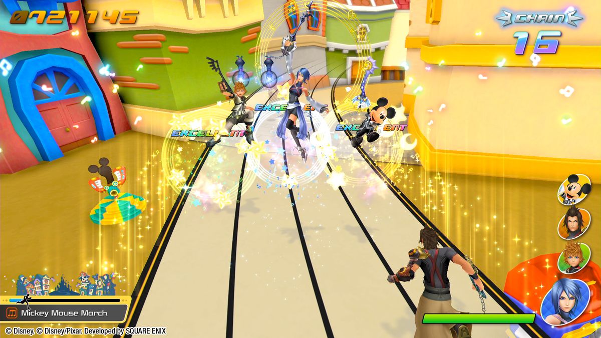 Olika Kingdom Hearts-karaktärer lyfter nyckelbladen i firande under en Melody of Memory-nivå
