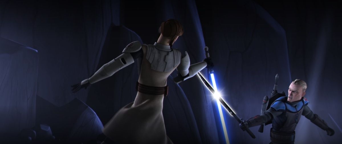 Obi-Wan har en blå ljussabel som korsas med Pre Vizslas Darksaber