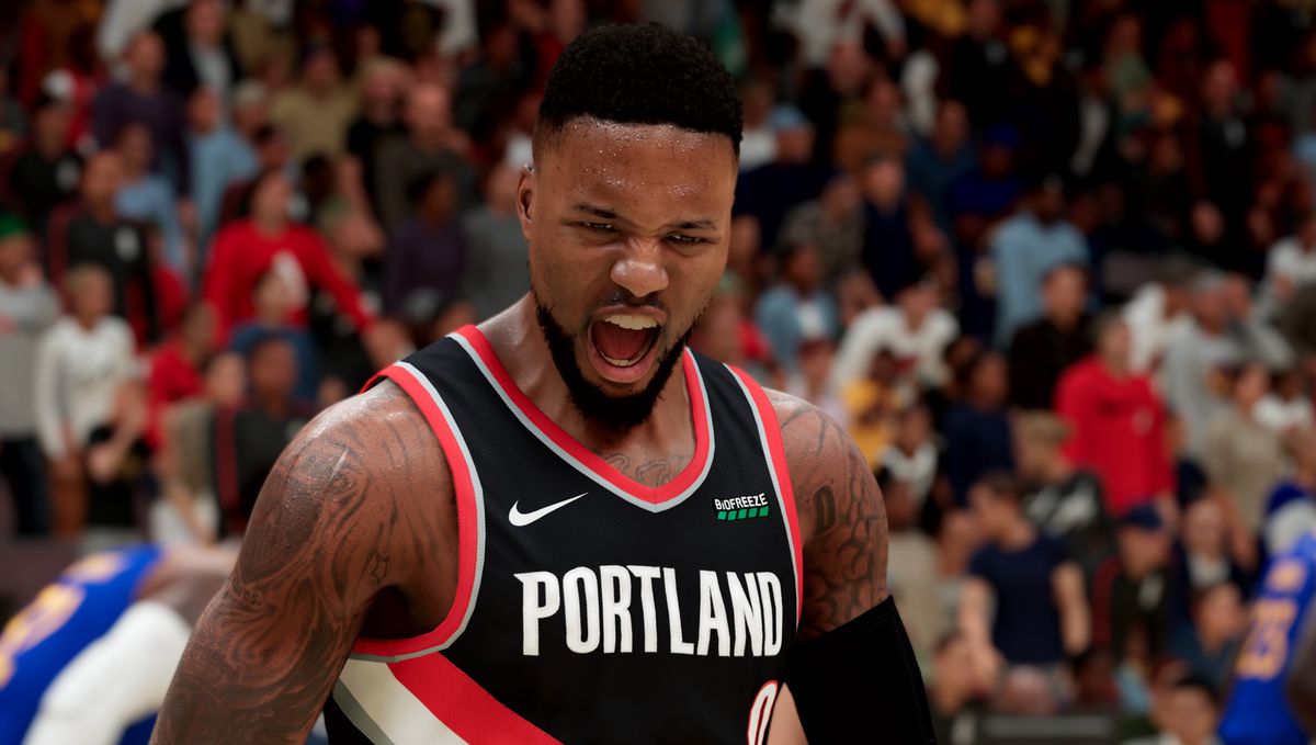 Damian Lillard of the Portland Trail Blazers shouting in NBA 2K21 on PS5/Xbox Series X