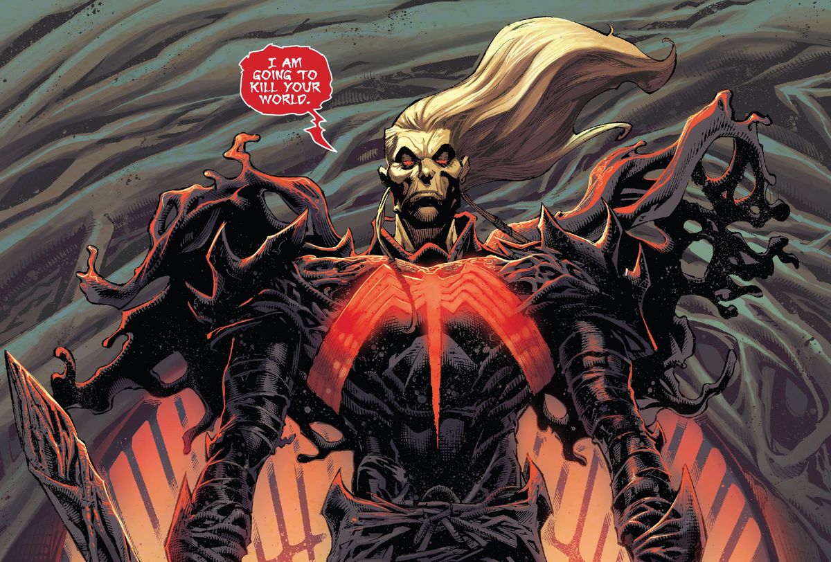 ”Jag ska döda din värld”, säger symbiotguden Knull, i King in Black # 1, Marvel Comics (2020). 