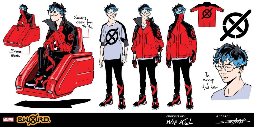 Karaktärsdesign för Wiz-Kid, som bär svarta och röda byxor, och en röd och svart jacka med hög krage med dragkedja över en lös vit och svart t-shirt.  Han bär klasser, örhängen, mörkblått hår och använder en röd, svävande rullstol.