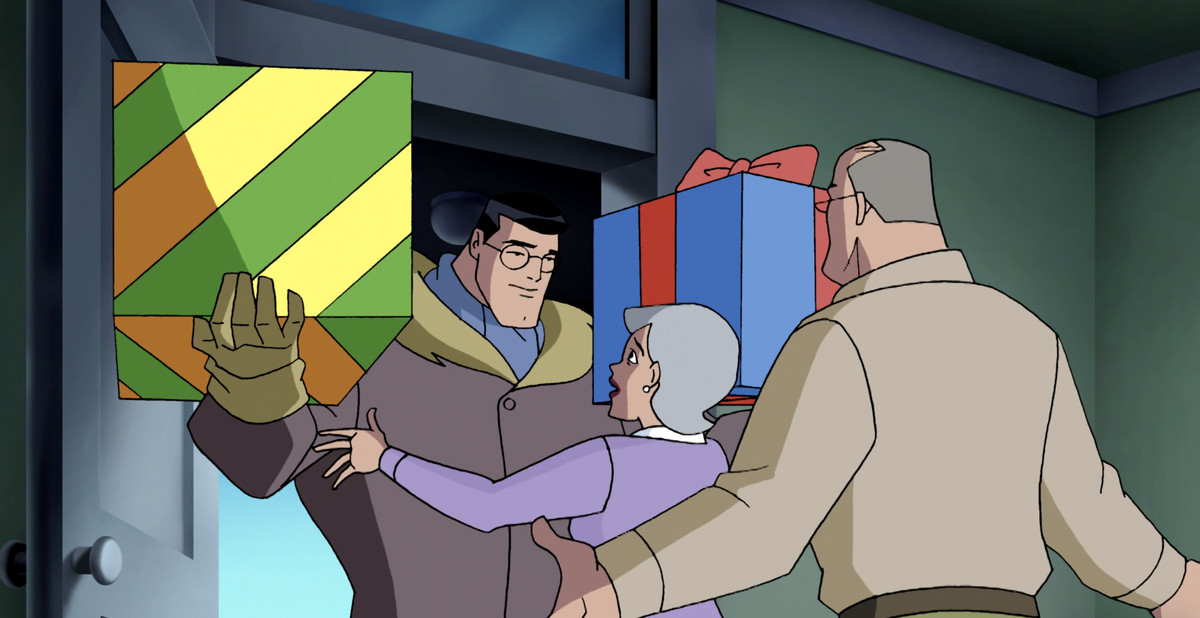 Clark Kent arrives home to the Kent family farm with two enormous wrapped presents held easily in his super-strong arms, in Justice League Unlimited. 