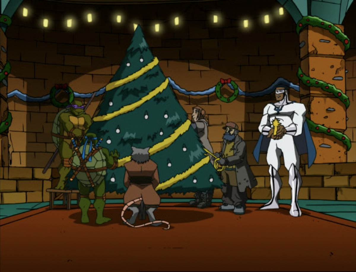The turtles and Splinter decorate a Christmas tree in their sewer home in Teenage Mutant Ninja Turtles (2003). 