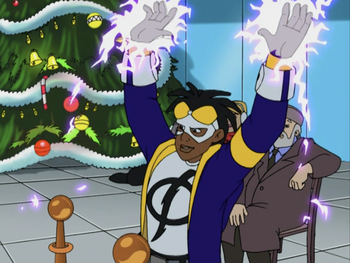 Static raises his electrified hands above his head, preparing to power the lights of a Christmas tree, in Static Shock. 