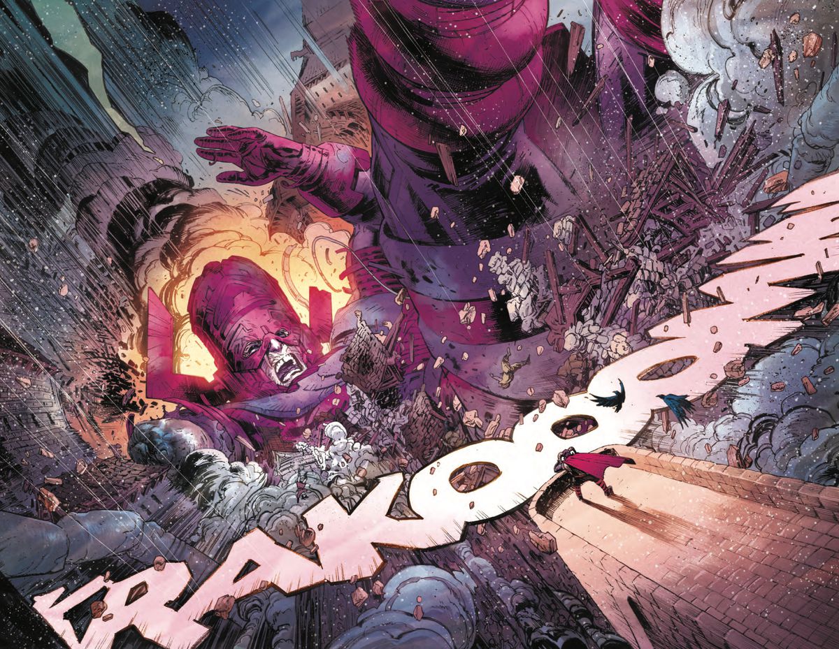 Galactus plummets into the city of Asgard with a huge KRAKOOOMM! in Thor #1, Marvel Comics (2020).