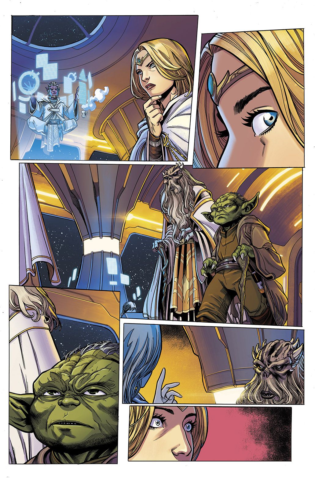 Jedi-mästaren Avar Kriss ser förvånad bort från den leviterande Estala Maru för att se Grandmasters Veter och Yoda närma sig, i Star Wars: The High Republic # 1, Marvel Comics (2021). 