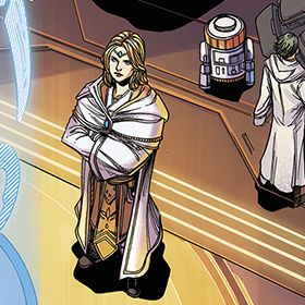Jedi-mästaren Avar Kriss står med en apelsintoppad astromech bakom sig, i Star Wars: The High Republic # 1, Marvel Comics (2021).