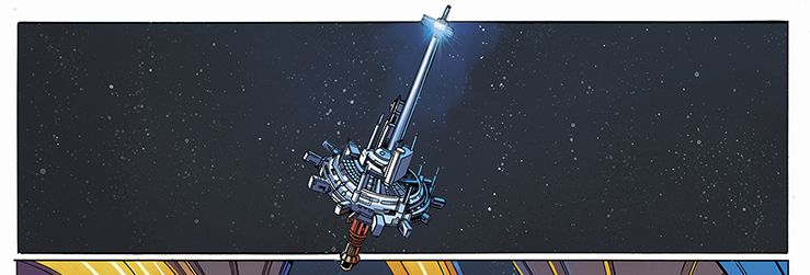 Starlight Beacon, med sin massiva spira toppad med ett blinkande ljus, hänger i rymden, i Star Wars: The High Republic # 1, Marvel Comics (2021).