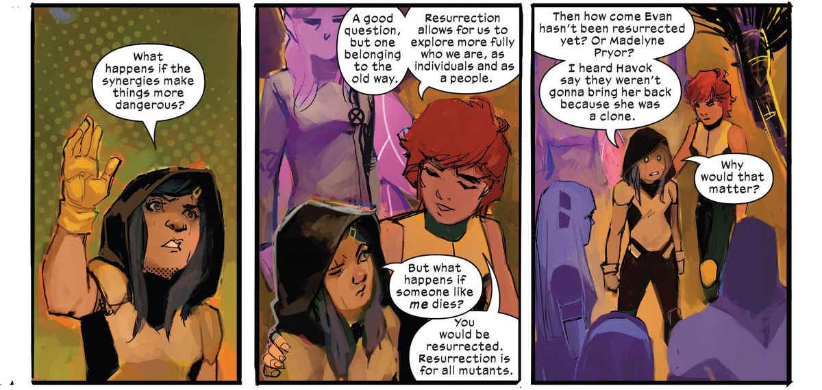 Gabby Kinney / Honey Badger, en klon av Laura Kinney / Wolverine, frågar Wolfsbane om mutanta kloner får Krakoan-uppståndelse, i New Mutants # 14, Marvel Comics (2020). 