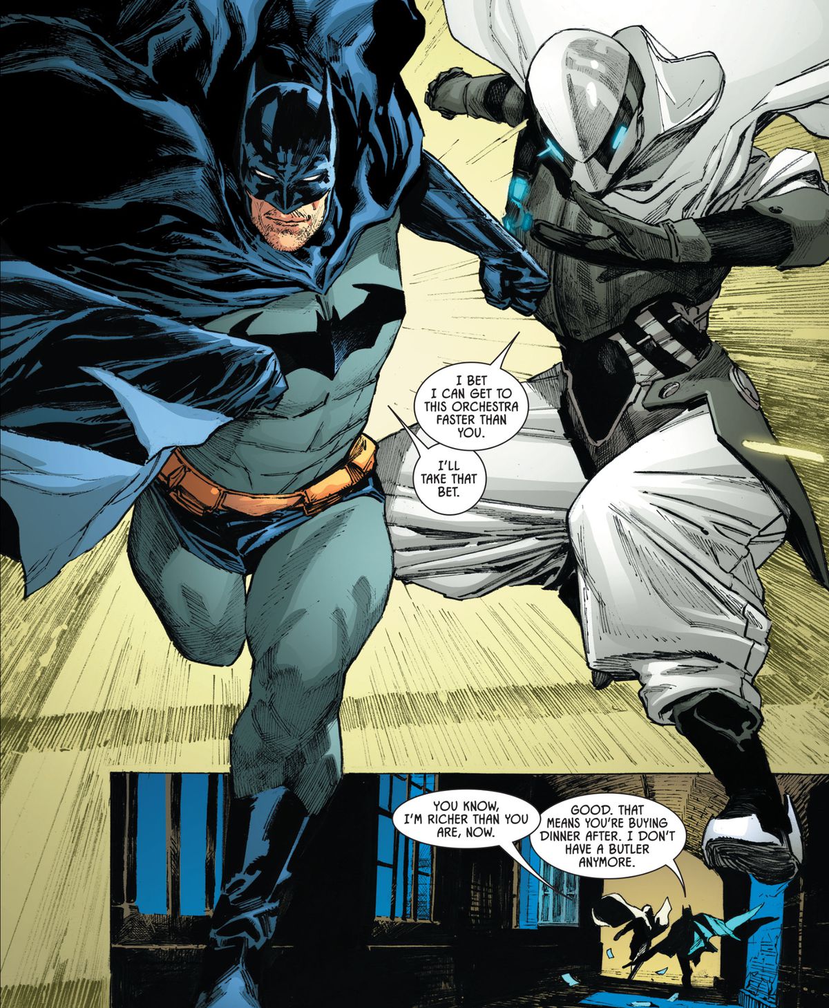 Batman och Ghost-Maker ger sig iväg för att rädda några gisslan tillsammans, bantering, i Batman # 105, DC Comics (2020). 
