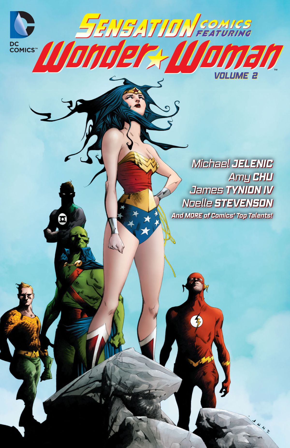 Wonder Woman stands with Green Lantern, Aquaman, the Martian Manhunter, and the Flash behind her on the cover of Sensation Comics Featuring Wonder Woman Vol. 2. 
