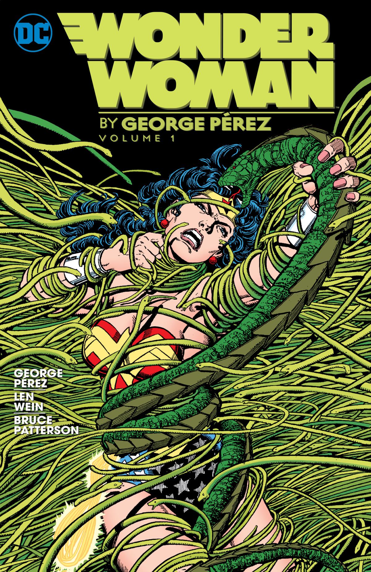 Wonder Woman struggles with hundreds of snakes threatening to engulf her in their coils on the cover of Wonder Woman by George Pérez, DC Comics.