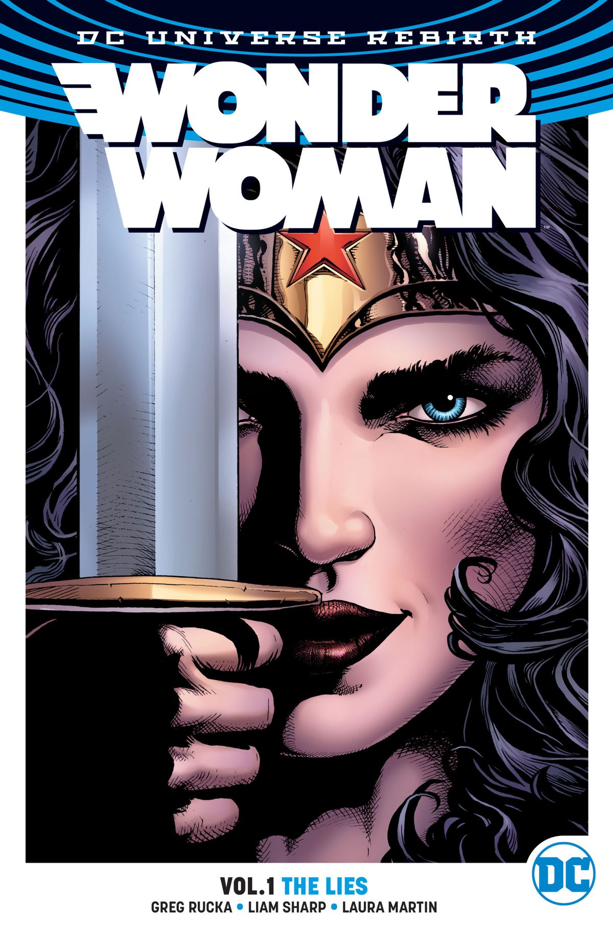 Wonder Woman raises her sword before her face on the cover of Wonder Woman: The Lies. 