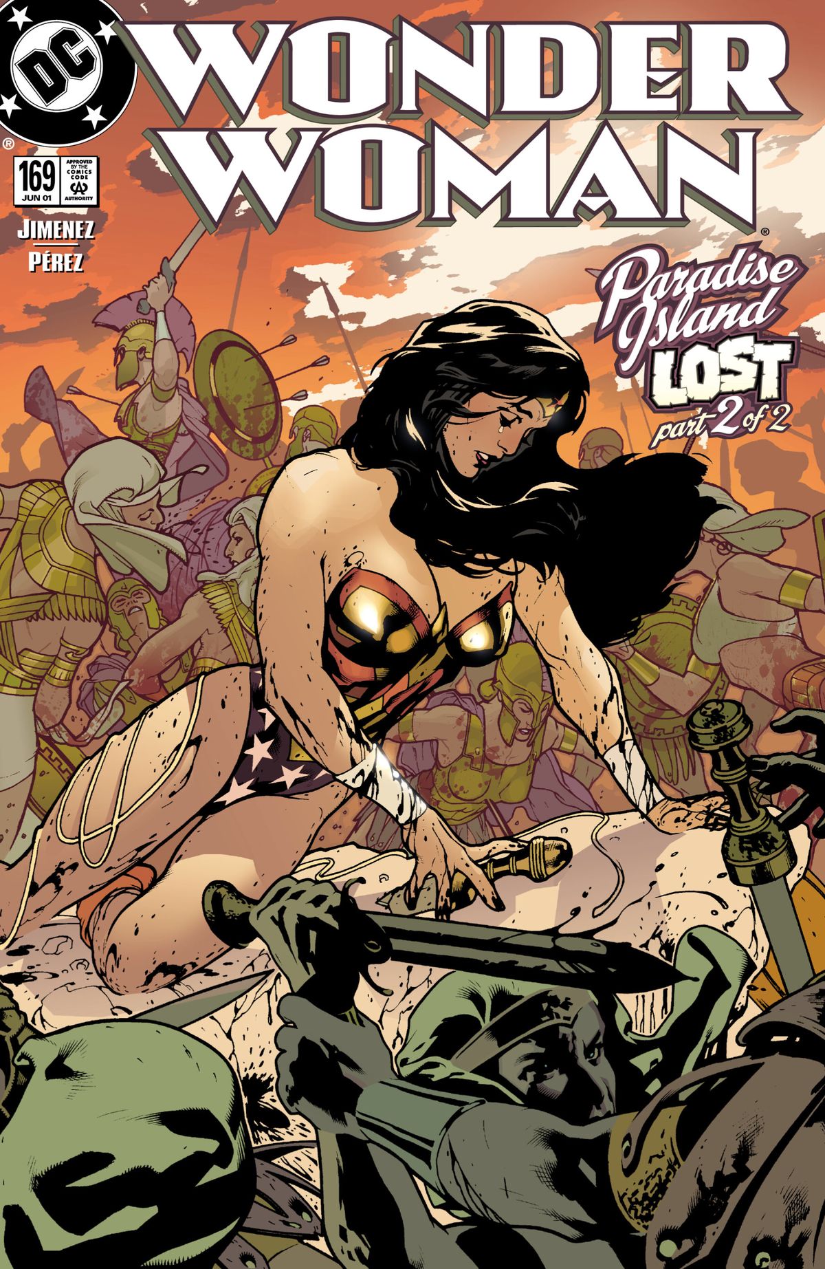 Wonder Woman knees on a battlefield full of warring Amazons on the cover of Wonder Woman #169, part 2 of “Paradise Lost.” 
