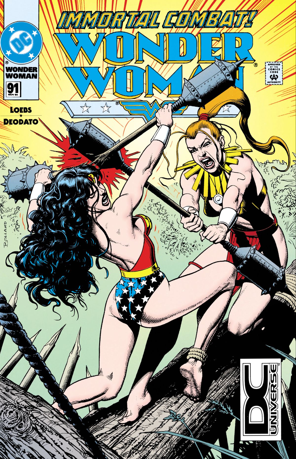 Wonder Woman and Artemis battle in gladiatorial style on the cover of Wonder Woman #91, DC Comics. 