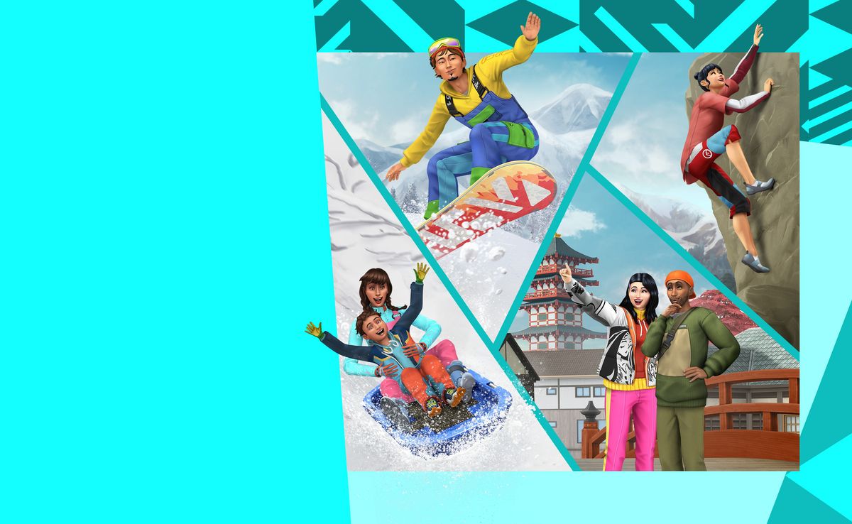 artwork of Sims participating in winter activities, likes snowboarding and sledding