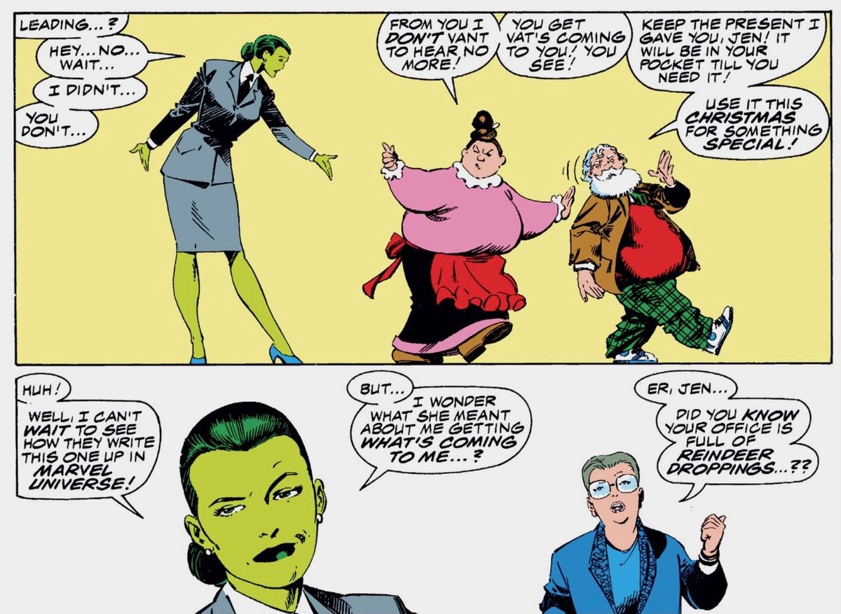 Fru Claus ger She-Hulk en utklädnad när hon eskorterar tomten från sitt kontor.  