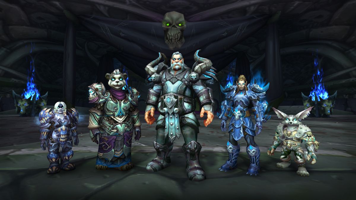 World of Warcraft - a group of Death Knights from Allied Races pose at Acherus