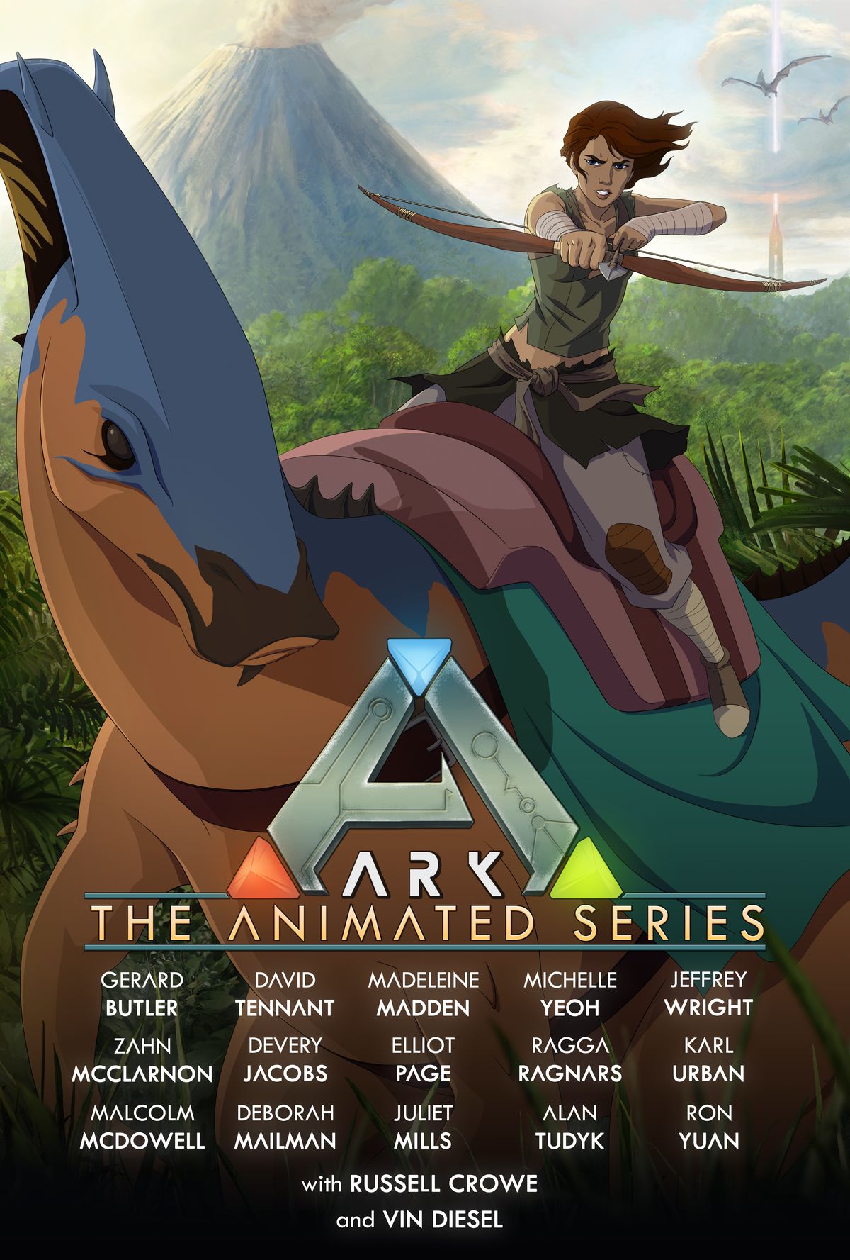 Affischen för Ark: The Animated Series visar en ung kvinna med en båge som rider på en anka-fakturerad dinosaurie.