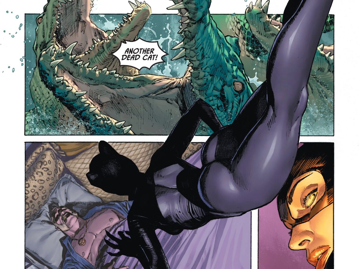 Catwoman Mission Impossibles ner till en sovande man i den andra panelen, med hennes kropp som bryter gränserna för panelen för att också hänga över en första panel av knäppande krokodilmunnar och en tredje panel av henne som tittar över axeln i Batman / Catwoman # 1 , DC Comics (2020). 