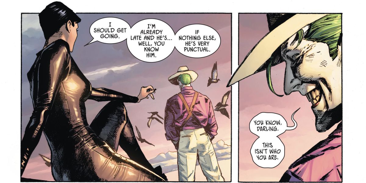 På ett hustak i gryningen ursäktar sig Catwoman att träffa Batman.  