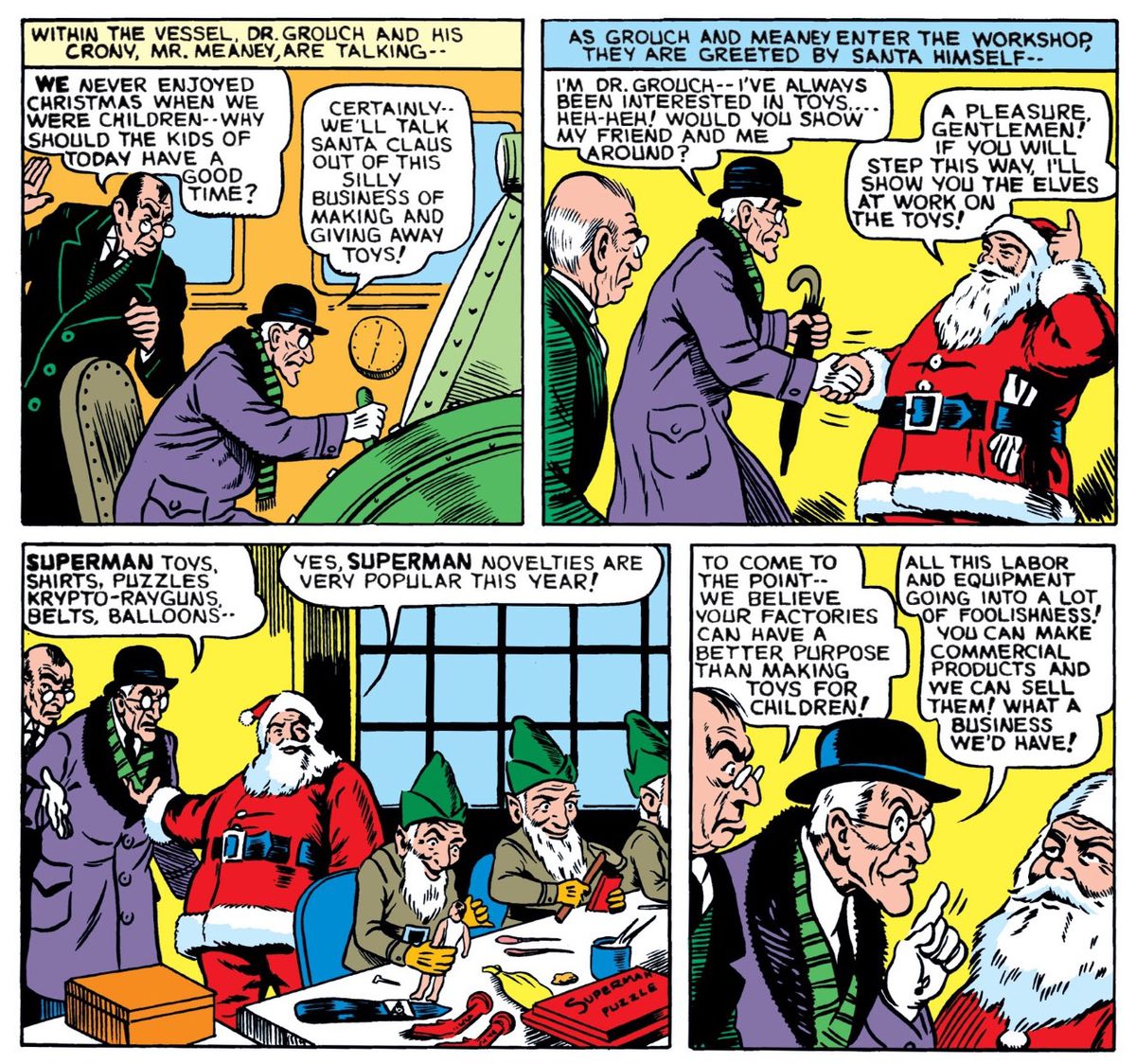 Dr Grouch och Mr. Meaney försöker prata jultomten om att göra leksaker till förmån för mer lukrativa föremål, i Supermans juläventyr, DC Comics (1940)