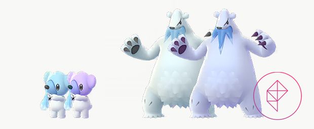 Glänsande Cubchoo och Beartic med sina normala former.  Shiny Cubchoo är en ljuslila och Shiny Beartic är mer blå.