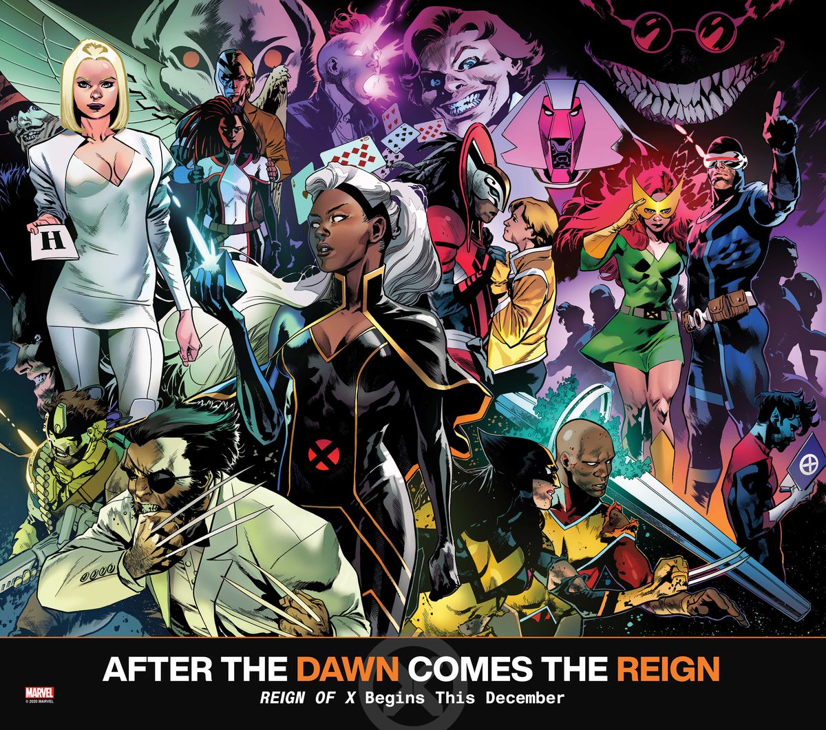 Ett Marvel-reklamcollage av dussintals X-Men-hjältar och skurkar, från Storm och Mr. Patch till Nimrod och Cyclops, för Reign of X (2020).