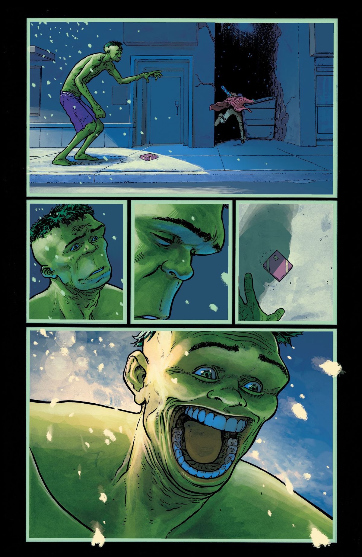 En sen nattjulshoppare på en snöig NYC-gata flyr från Hulken och lämnar en insvept present bakom sig.  Hulken reagerar sorgligt på mannens rädsla, men gliser sedan enormt och grotesk när han märker den tappade presenten, i King in Black: Immortal Hulk, Marvel Comics (2020). 