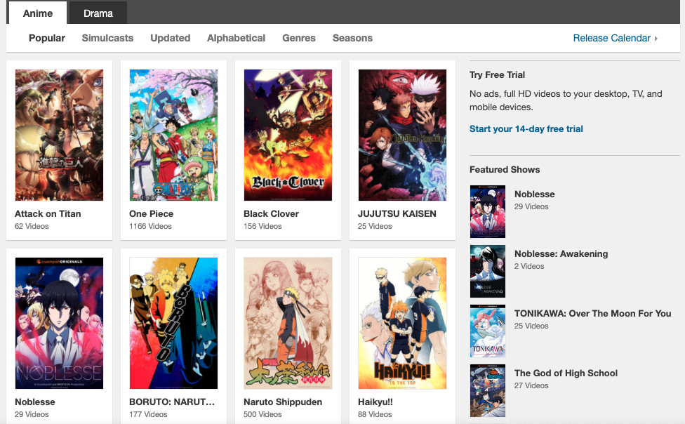 Crunchyrolls mest populära anime