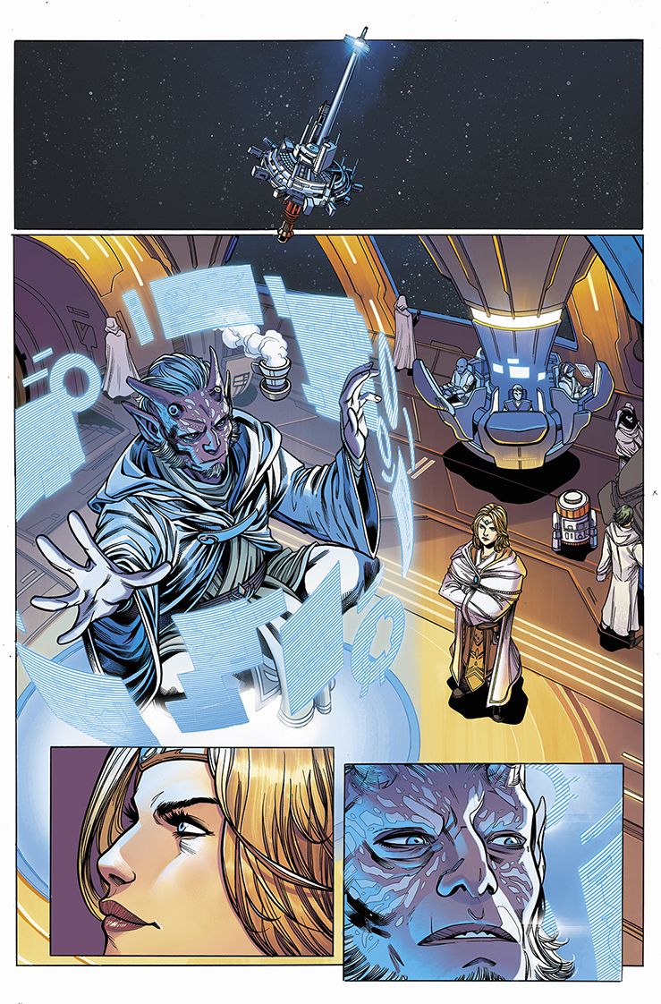 Ombord på Starlight Beacon observerar Jedi-mästaren Avar Kriss Jedi Estala Maru när han lyfter och observerar dussintals hologramskärmar i Star Wars: The High Republic # 1, Marvel Comics (2021). 