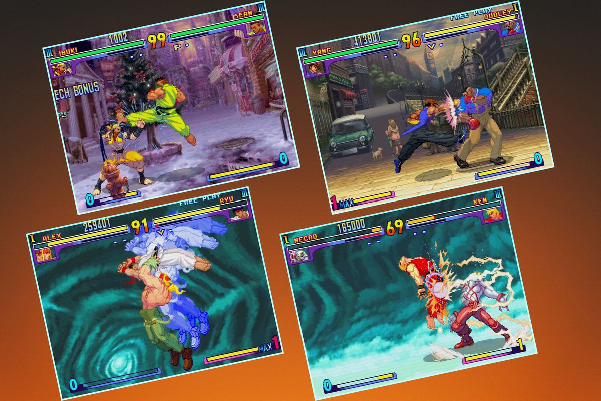 Graphic grid featuring four screens from Street Fighter 3