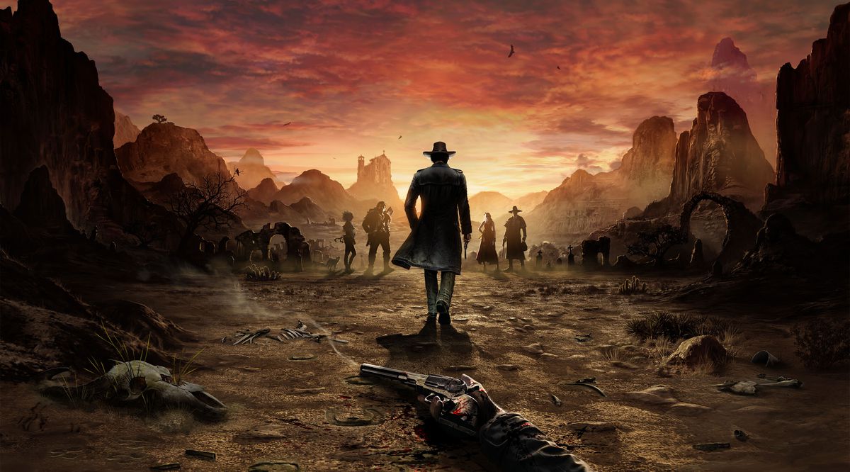 Key art for Desperados 3 shows the main character, Cooper, walking into the sunset. In the fore ground a dead man’s hand holds a pistol.