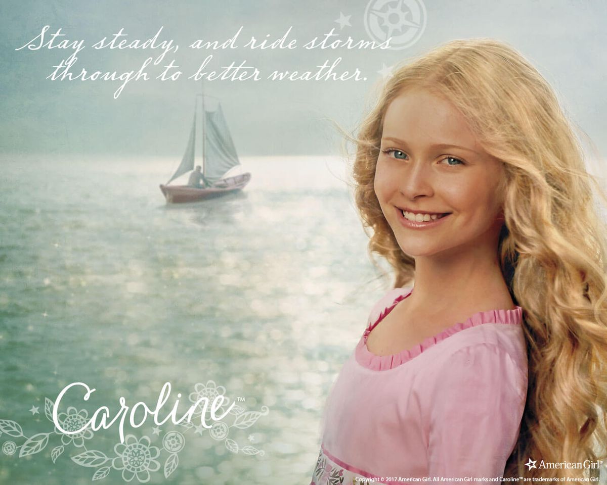 caroline, the girl of 1812, against a waterfront background